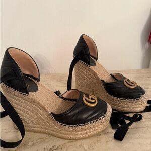Gucci Marmont Black Espadrille Wedge Sandals